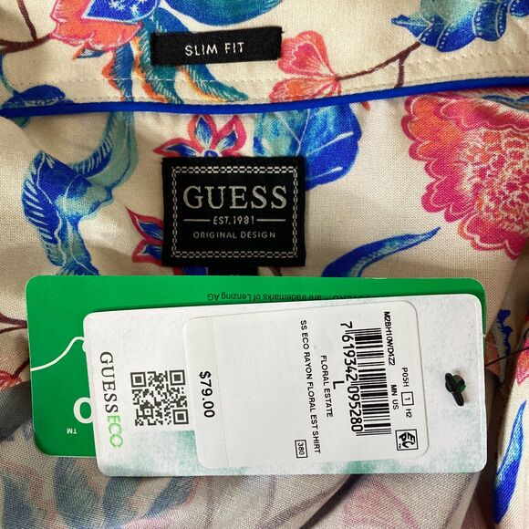 New Guess Slim Fit Floral Tropical Hawaiian Button Down Shirt Men's Size Large - Picture 3 of 9
